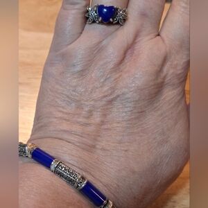 Beautiful 925 Silver Lapis Lazuli & Marcasites Ring & Bracelet Set